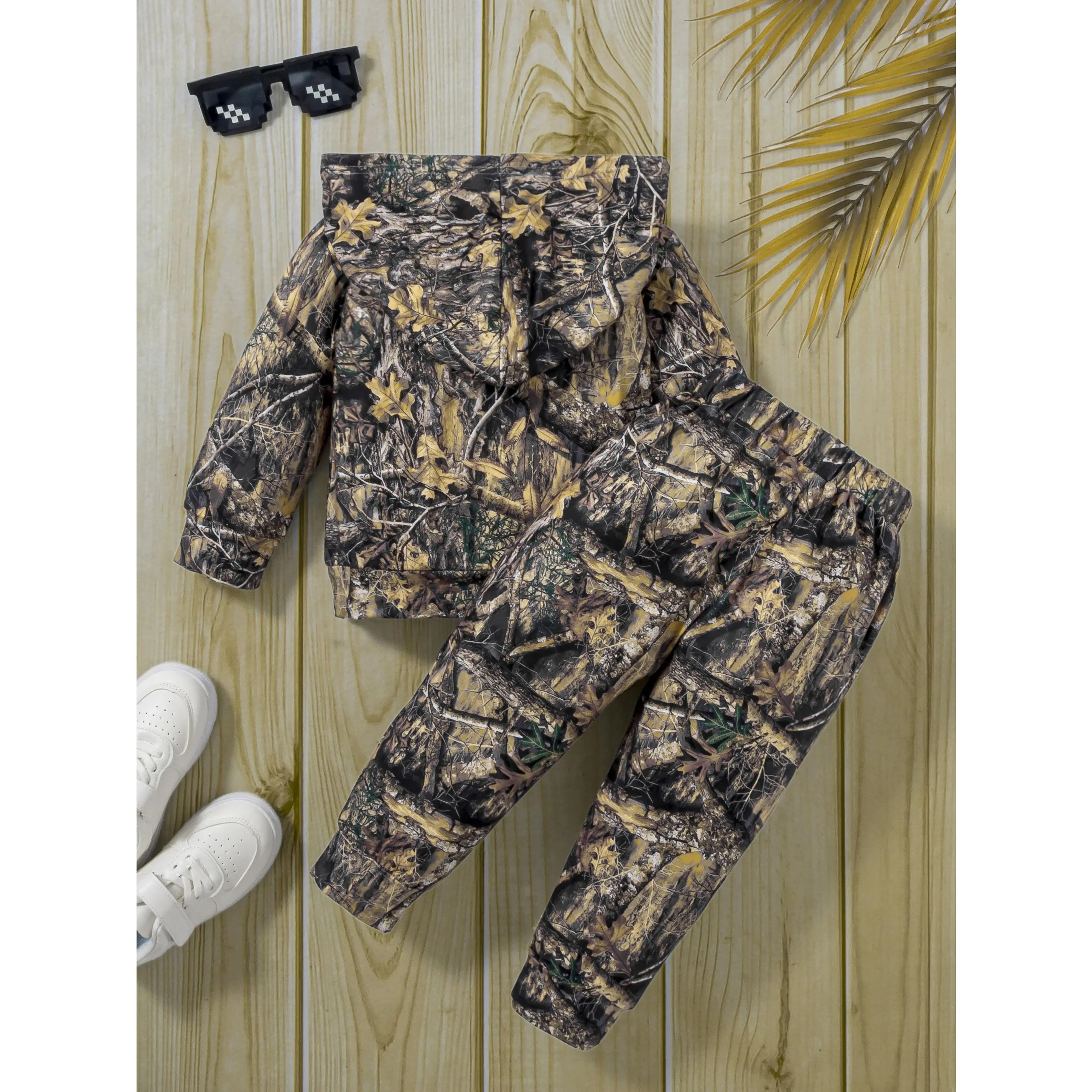 Boys' Print Black Brown / Retro Long Sleeve Hooded Sweatshirt / Double-Pocket Long Pants Set / Falling Leaves / for Outdoor