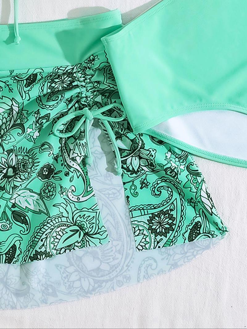 Women's Floral Print Swimsuit Set, Drawstring Swimsuits, Twist Front Bikini, Boho Tie Side Bikini Top & Bottom & Cover Up Skirt Set, Beach Vacation Swimwear Set for Women, Floral Print Bikinis