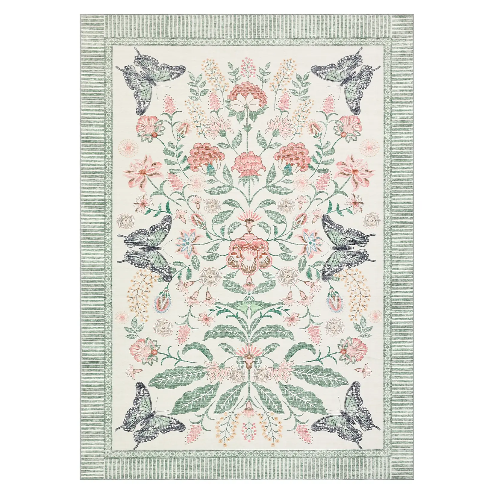 Washable Vintage Floral Area Rug – Non-Slip, Low Pile, Mark Resistant, Botanical Butterfly Motif – Enchanted Garden Classic Decor Carpet for Living Room, Bedroom