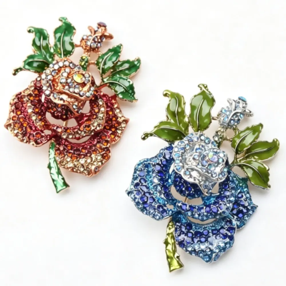 2 Styles Rose Flower Brooch Antique Metal Paved Gradient Multi Color Crystal with Leaf Vintage Corsage Pin Set