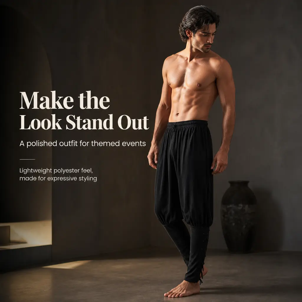 Men's Medieval Renaissance Harem Pants - Black Lace-Up Ankle-Banded Historical Cosplay Trousers for Adult Themed Party Events
