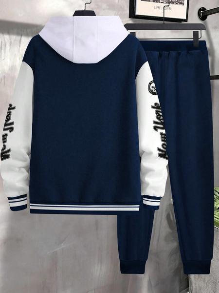 Men's Letter Print Baseball Jacket & Sweatpants Two-Piece Set, Regular Fit Casual Fashion Cozy Breathable Two Piece Outfits for Daily Outdoor Wear, Men Clothes for Fall & Winter