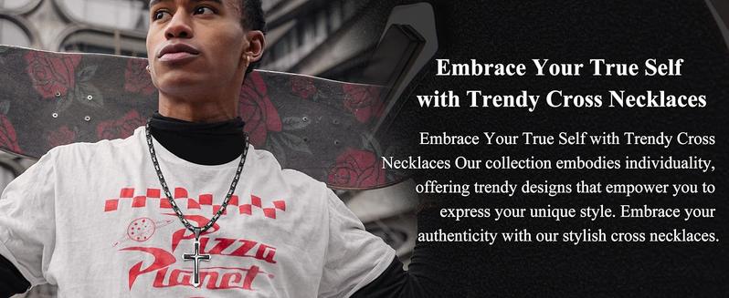 FUNRUN Black 14K Gold Plated Cross Necklace for Men | Stainless Steel Byzantine Chain 24IN | CZ Cross Pendant