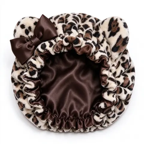 Plush Satin Bonnet for Women, Cute Animal Ears & Bow Design, Luxury Double Layer Sleep Cap, Friction-Free Hair Protection for Braids & Curls, Hidden Adjustable Strap Night Hair Cover
