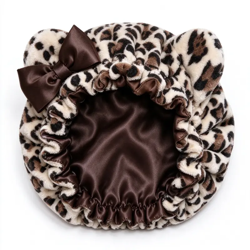 Plush Satin Bonnet for Women, Cute Animal Ears & Bow Design, Luxury Double Layer Sleep Cap, Friction-Free Hair Protection for Braids & Curls, Hidden Adjustable Strap Night Hair Cover