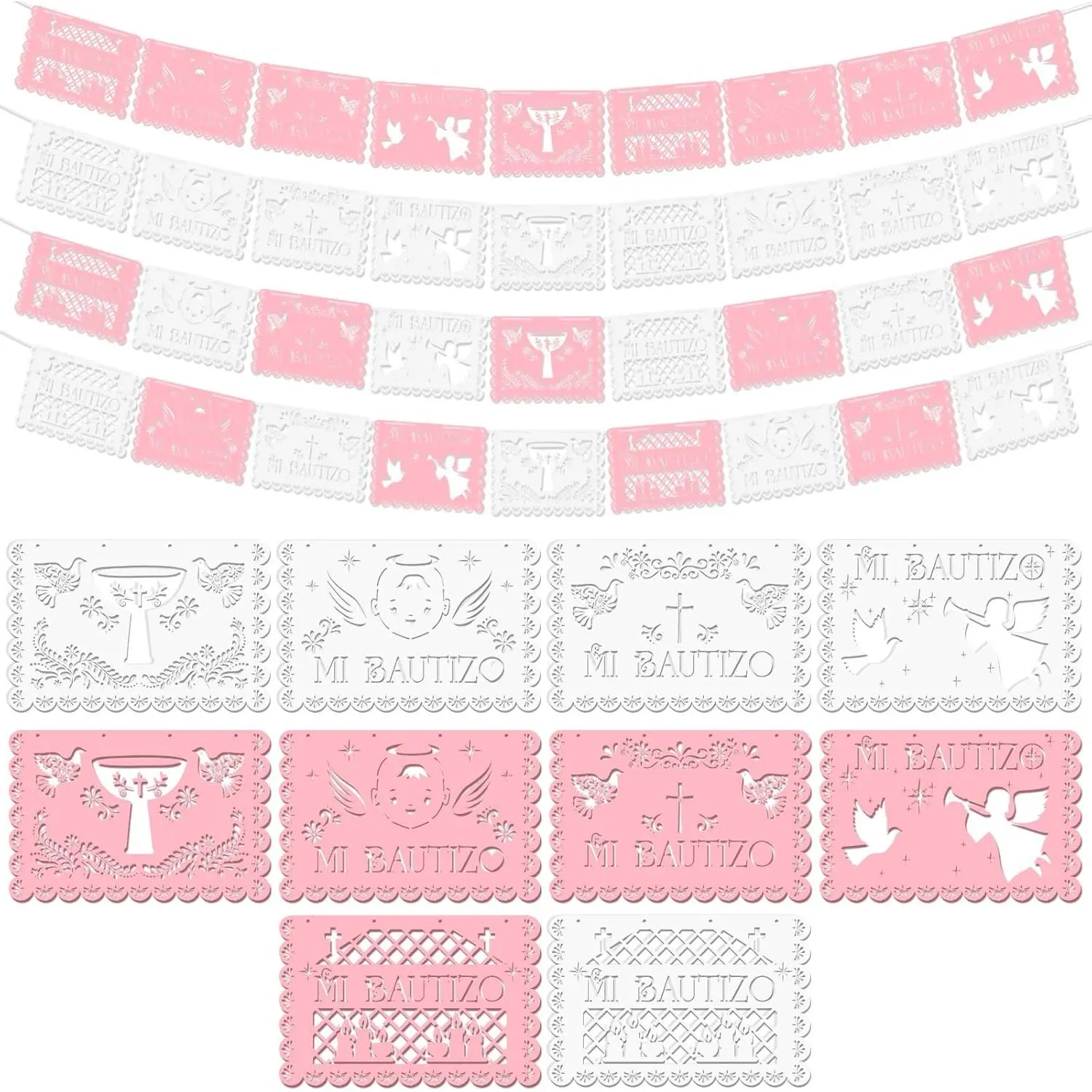 Eaasty 5 Pack 60 ft Mi Bautizo Decoration Papel Picado Cielito Lindo Bautizo Pink White Papel Picado Banner Baptism Baby Shower Party Decor for Girl Boy Mexican Fiesta First Communion Hanging Decor