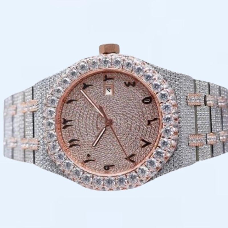 Full Iced quality wrist watch automatic waterproof bling bling diamond style watch round face design with Arabic numerals.
