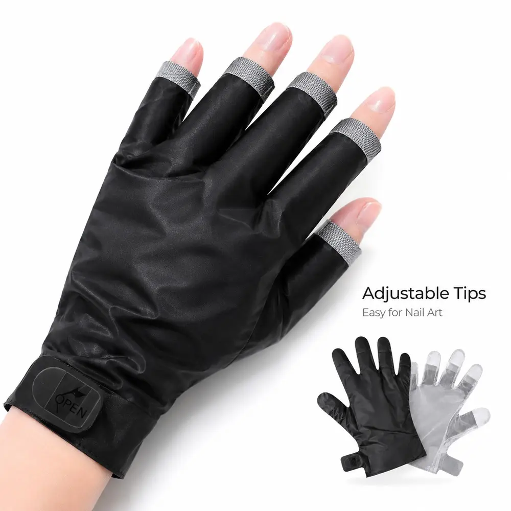 UV Protection Manicure Gloves, Lightweight Black Mesh Dual-Layer Design, Adjustable Fingertips for Nail Lamp, 1/10 Pairs