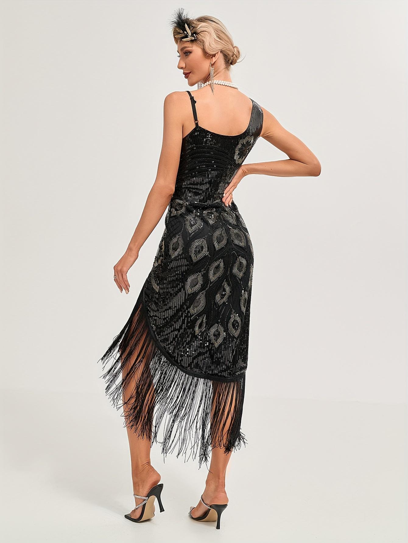 Sequined Fringe Hem Flapper Dress, Vintage Sleeveless Bodycon Dress For Party & Banquet, Women's Clothing