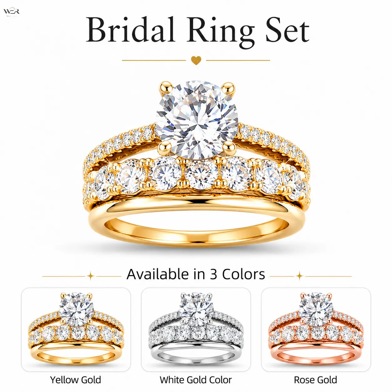 3 Piece Stackable Round Cut CZ Bridal Ring Set, Four Prong Solitaire Engagement Ring & Half Eternity Wedding Band Matching Stack Ring, Women Wedding Promise Jewelry in Yellow Gold White Gold Rose Gold