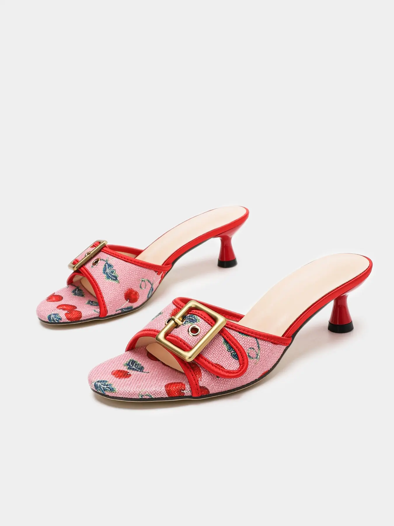 Women Cherry Print Mule Heels Open Toe Slip On Sandals Fabric Upper Low Kitten Heel Shoes with Gold Buckle Detail Sweet Vintage Style Elegant Feminine Summer Dress Shoes for Date Party Vacation Wedding US Size 6-10