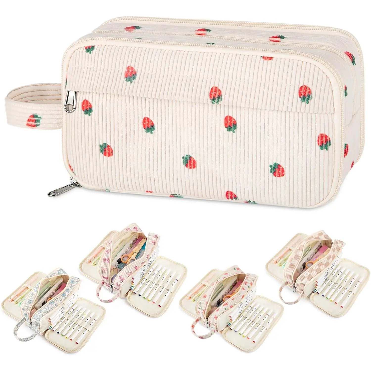 Cute Pencil Case Pouch Bag Strawberry with Handle For Girls Boys   | Large 4 Compartments Multiple Pockets Big Corduroy Markers Crayons Storage Organizer,Pen Case Pouch for School College