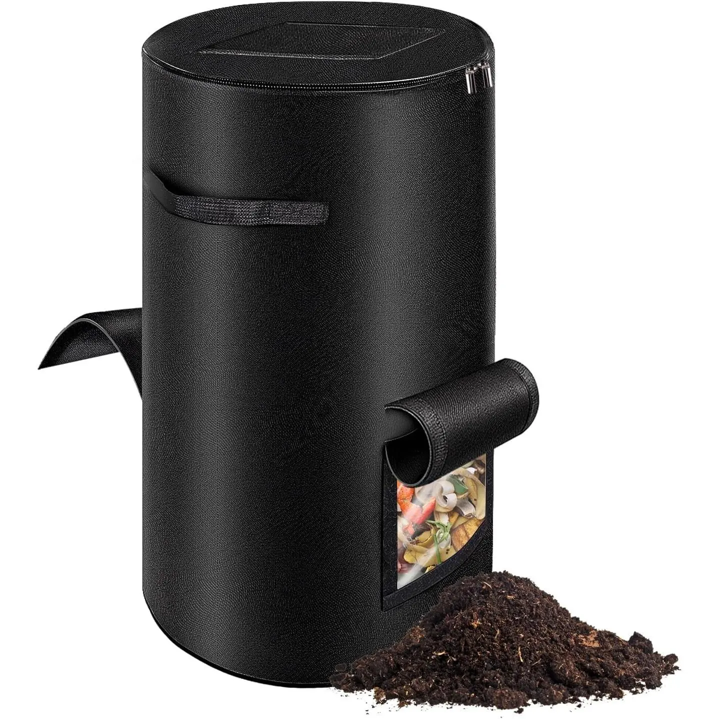Compost Bins Outdoor with Observation Windows, 34 Gallon Reusable Home Compost Bucket for Outside Garden, Backyard, Heavy Duty Nonwoven Fabric Yard Waste Bag (1 Pack, Black)