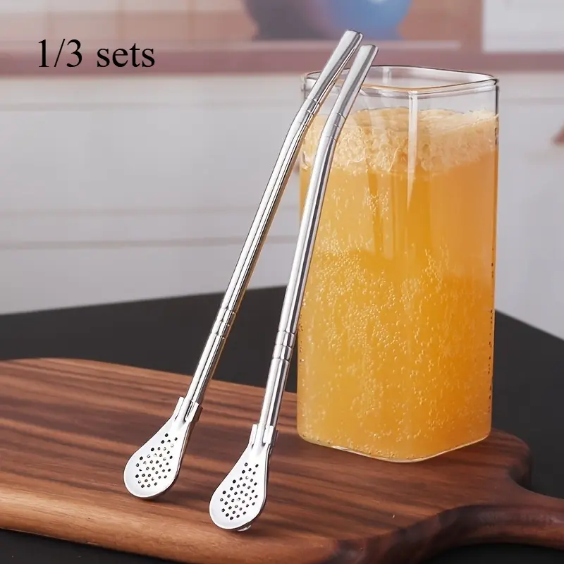 1/3 set Stainless Steel Straw Set - Durable, Multi-Functional Straws and Spoons with Detachable Cleaning Design, Juice Milk Tea Filtering, Stirring Spoon, and Straw Brush - Complete Drinkware Accessories and Kitchen Essentials