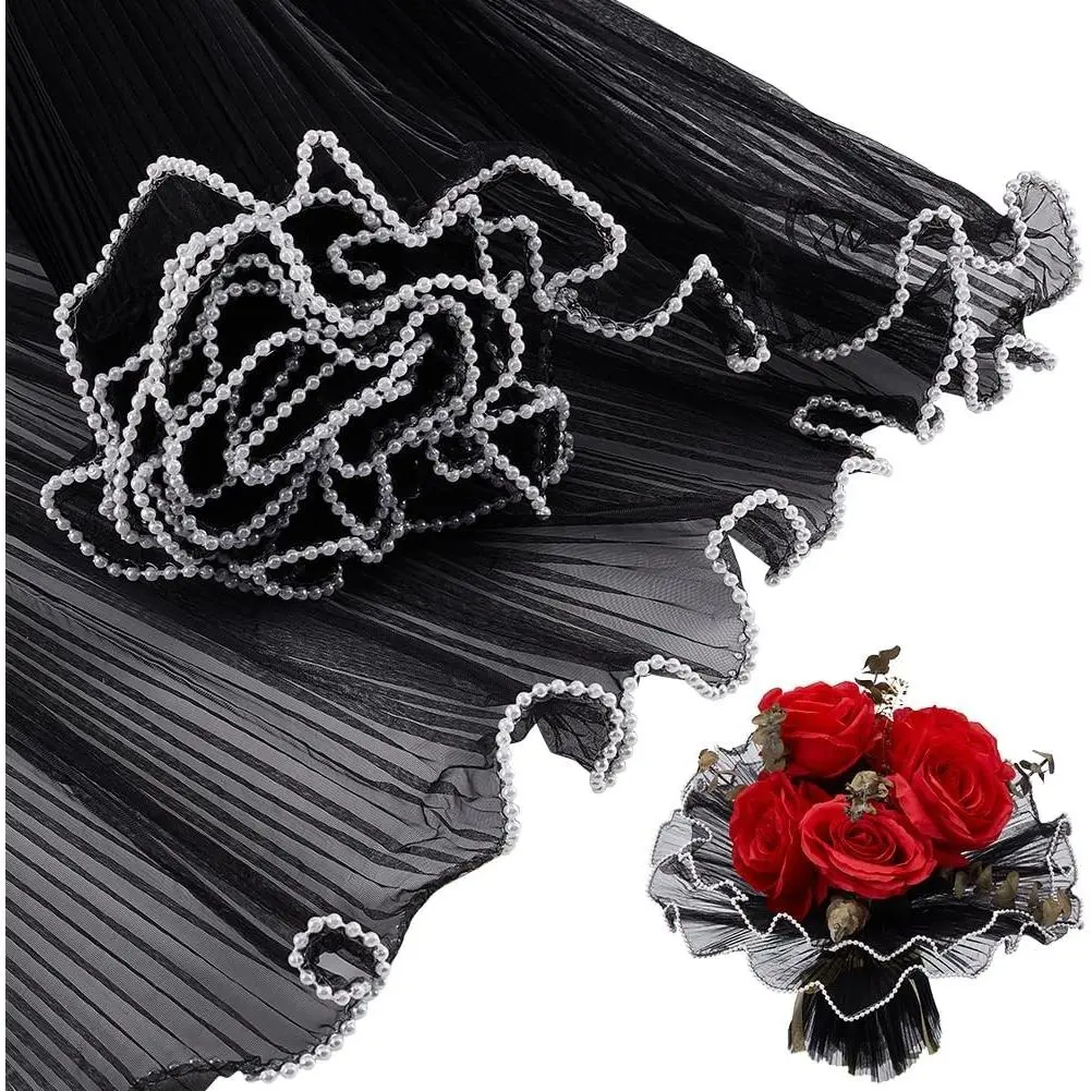 4.37 Yards Black Flower Wrapping Mesh Paper, Pearl Edge Wrinkled Translucent Bouquet Packaging Paper, Ideal for Wedding Decor, Florist Supplies Wedding Festival Gifts Packaging