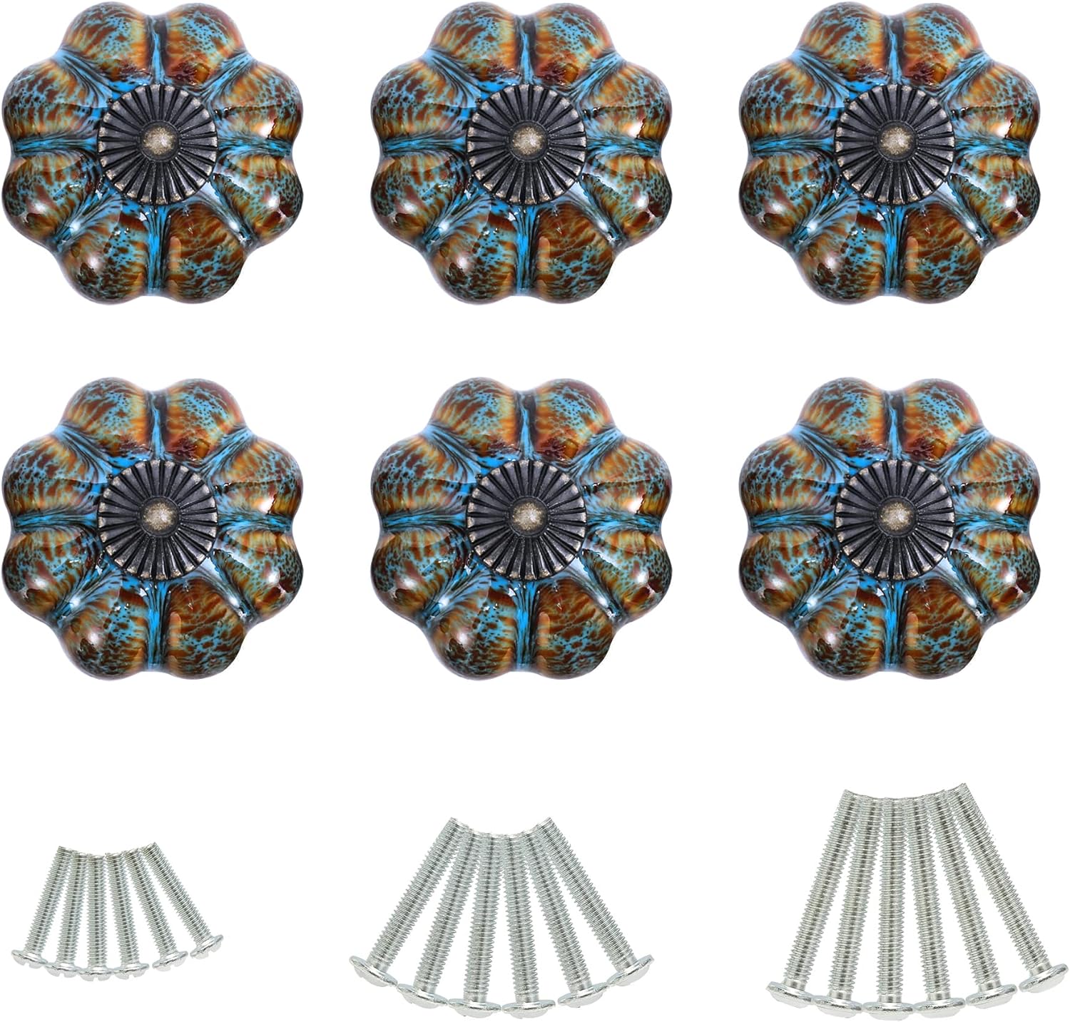 Cabinet Knobs 6 Pack Glazed Ceramic Knobs with Pumpkin Shape for Decor Door Pull Handle for  Cabinet Drawers, Closets, Cupboard (Blue)