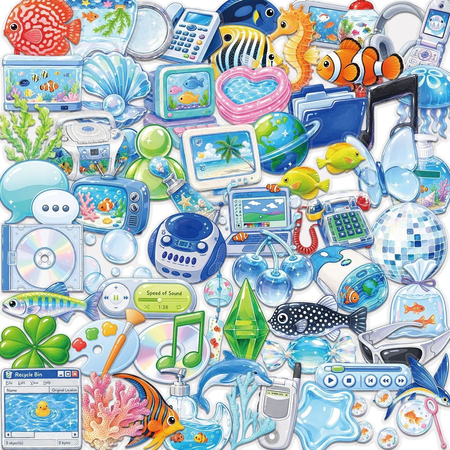50 Sheets Frutiger Aero Aesthetic Sticker Collage Pack, Waterproof Transparent Pet, Journal Decor, Guitar Notebook, Flat Stickers, Decorative Decal