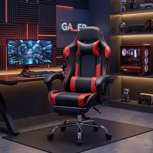 Red PU Leather Ergonomic Gaming Desk Chair With Retractable Footrest Slideable Lumbar Pillow Detachable Headrest Fixed Armrest 90°-150° Recline Height Adjustable 360° Swivel Computer Chair For Gaming Office Workstation