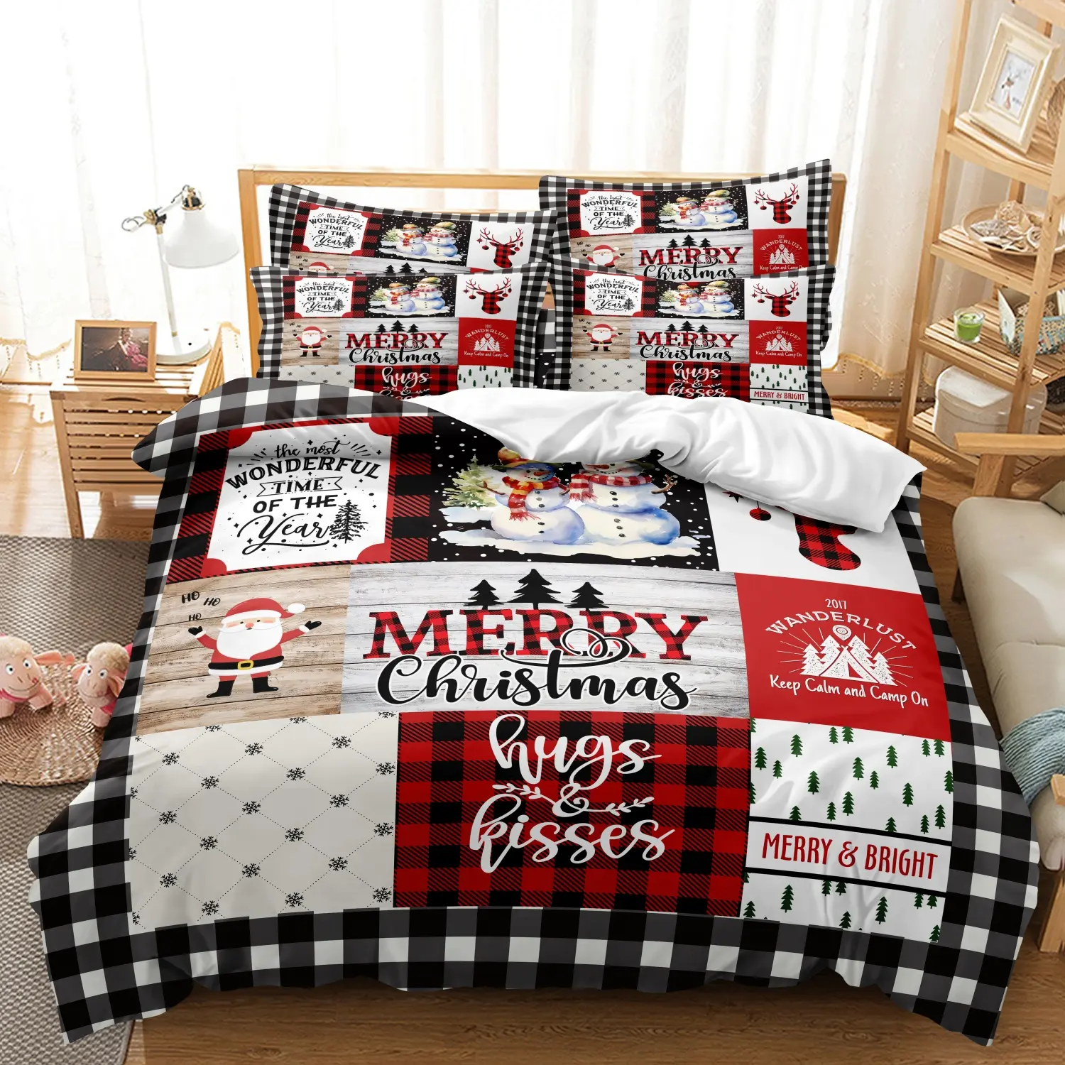 3 Pieces Christmas Patchwork Print Duvet Cover Set, Red Black Check Plaid Merry Christmas Slogan Print Bedding, Christmas Gift Machine Washable Soft Breathable Bedding Linen (1 Duvet Cover + 2 Pillowcases, No Comforter No Pillow) ﻿