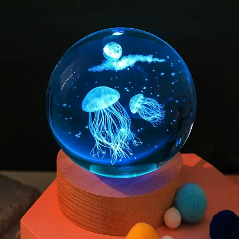 1pc 3D Dream Jellyfish Laser Engraved Crystal Ball Color Changing Night Light, Girlfriend Wife Creative Birthday Gift Sea Creature Glass Ball Home Decor