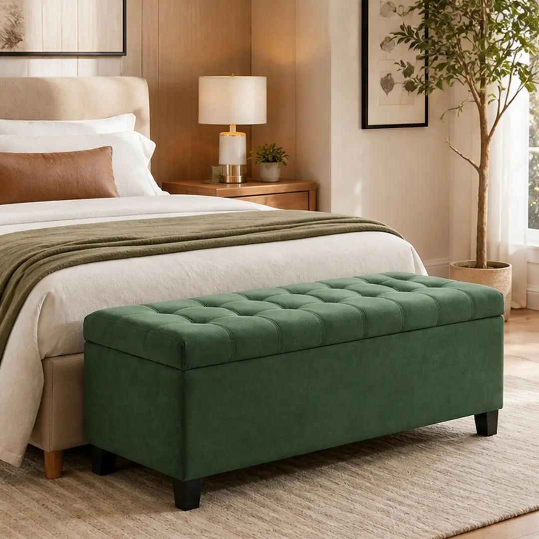 ARCH Fabric Upholstery Hidden Storage Ottoman Bench with Flip-Top Seat, Retro Green Footrest for Living Room Bedroom, Rubberwood Legs, 300 lbs Strong Support, 19.29 w x 51.18 d x 17.72 h inches, Easy Assembly, Retro Furniture Style