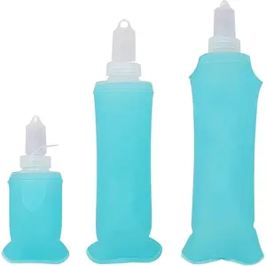 Light Blue Collapsible Water Bottle Set 100ml 250ml 500ml, Soft TPU Squeeze Flask for Running & Cycling