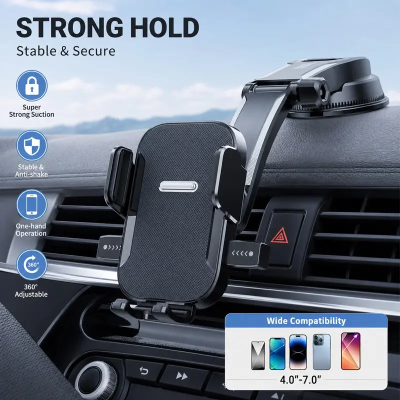 Universal Suction Cup Car Phone Holder, Adjustable 360° Rotating Dashboard Phone Stand, Flexible Smartphone Mount for Most Smartphones