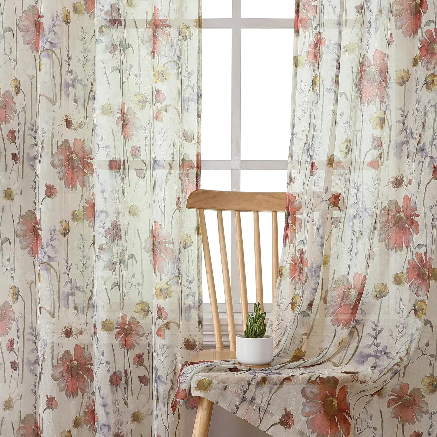 Crushed Sheer Curtains 84 Inch Length 2 Panels Set, Sheer Floral Curtains Printed Drapes on Sheers for Living Room, Rod Light Filtering Window Sheers (2 Panels, 42" x 84")