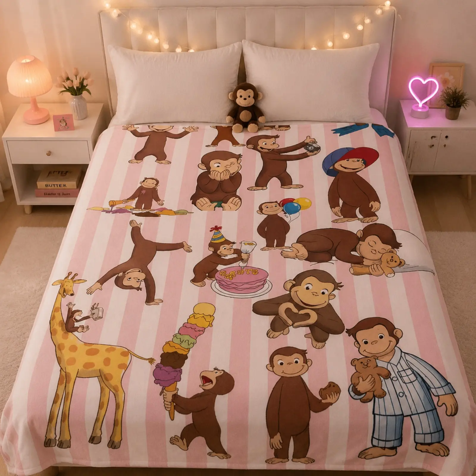 Cute Pink Striped Curious George Animated Cartoon Motif Kids Fleece Blanket - High-Density, Ultra-Soft, Cozy Style Child Size Throw, Bed/Sofa Indoor Use, Holiday Gift For Children