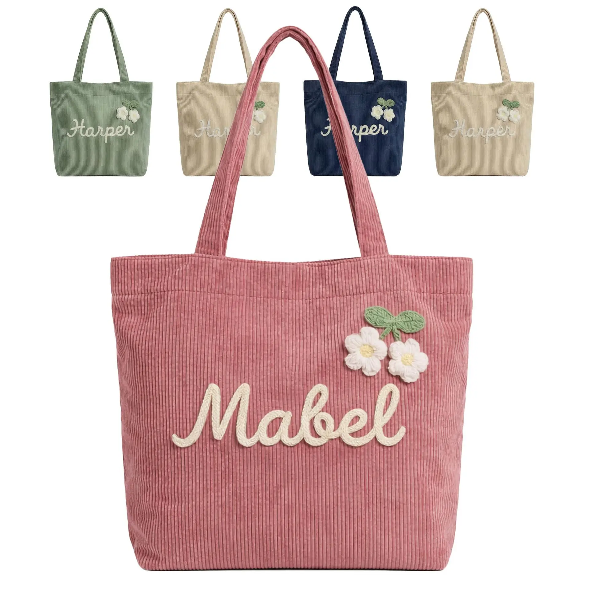 AS1007 Personalized Custom Name Corduroy Shoulder Bag Women's DIY Decorative Name Large Capacity Tote Bag Gift