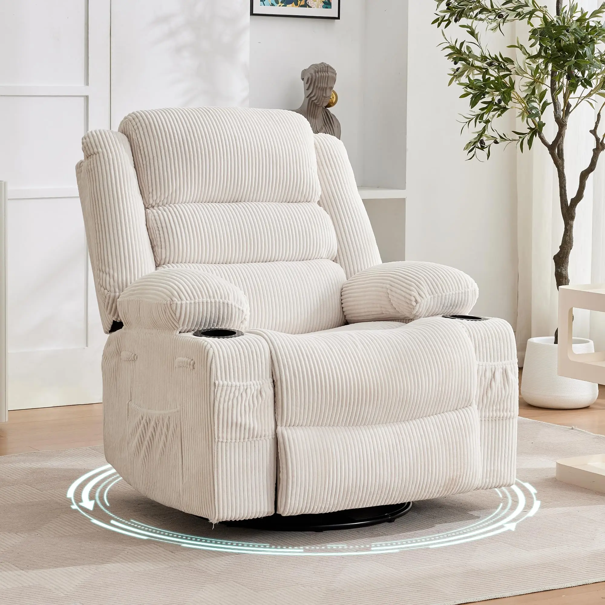 【Christmas Gift】GAOMON Comfy Accent Swivel Chair - Minimalist Oversized 360-Degree Swivel, Metal-Frame Linen Fabric Wide Deep Breathable All-Season Seat with Cup Holder, Side Pocket for Living Room, Nursery (Neutral Aesthetic Luxury Furniture)