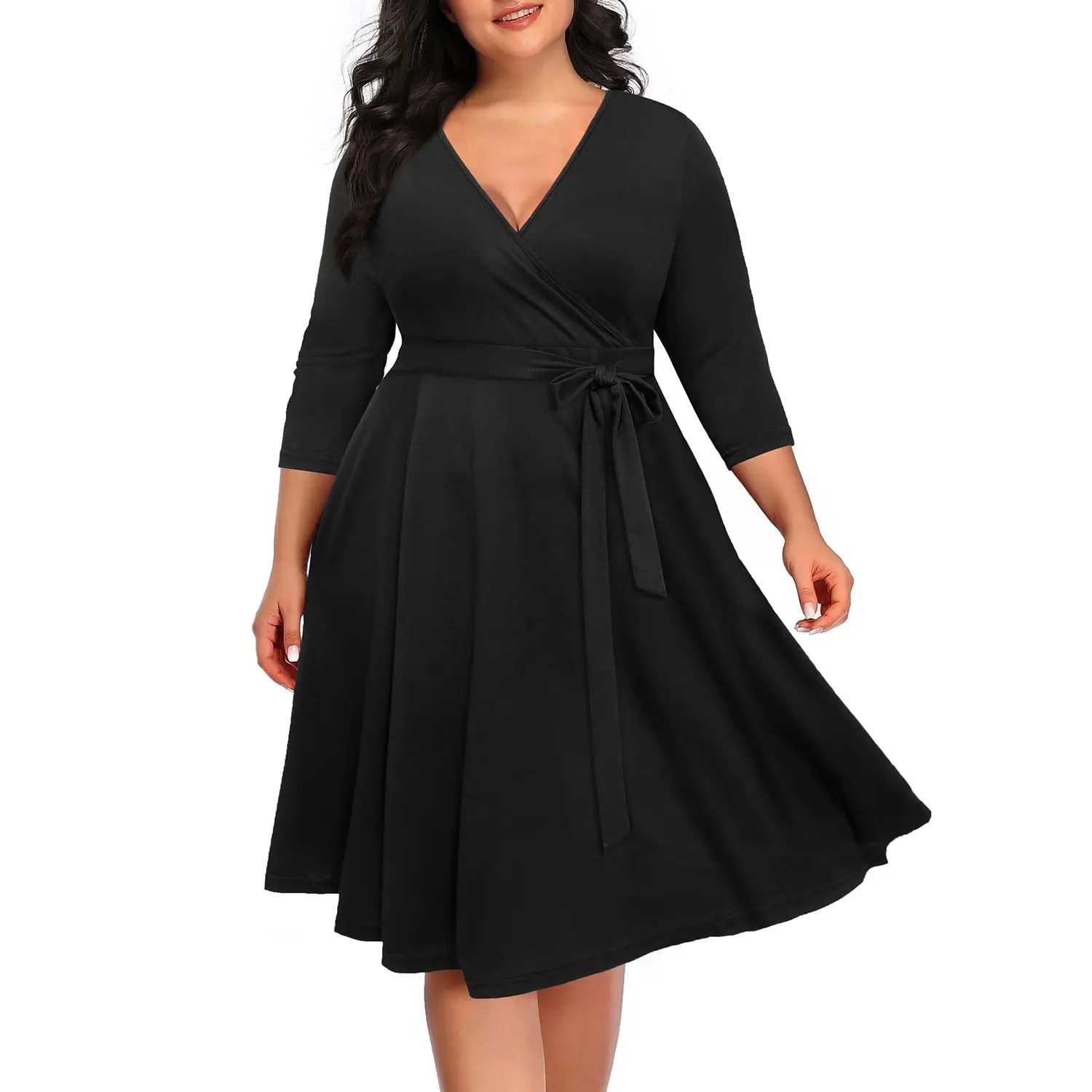 PINUP FASHION Women's Faux Wrap V-Neck Fit-and-Flare Midi Dress - Spandex-Polyester Lightweight Floral Fabric, Wedding Guest & Casual Party Wear
