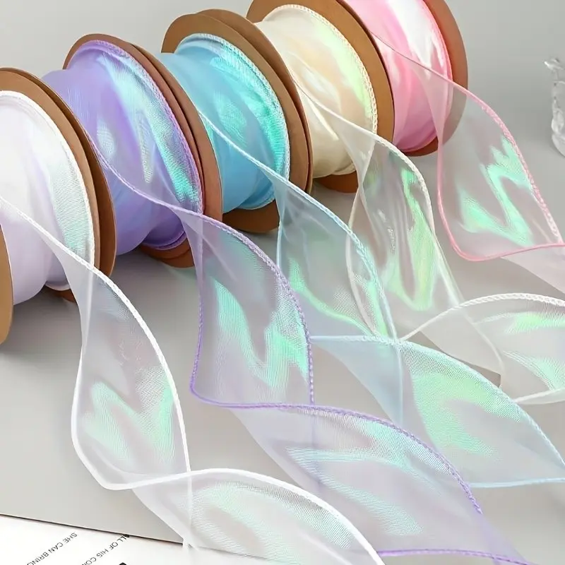 5-Volume Rainbow Mermaid Tail Organza Ribbon, Sewing Accessories, Haberdashery, Holographic Wrapping Design, Ideal for Handicrafts, Gift Packaging, Floral Decoration, Holiday Parties