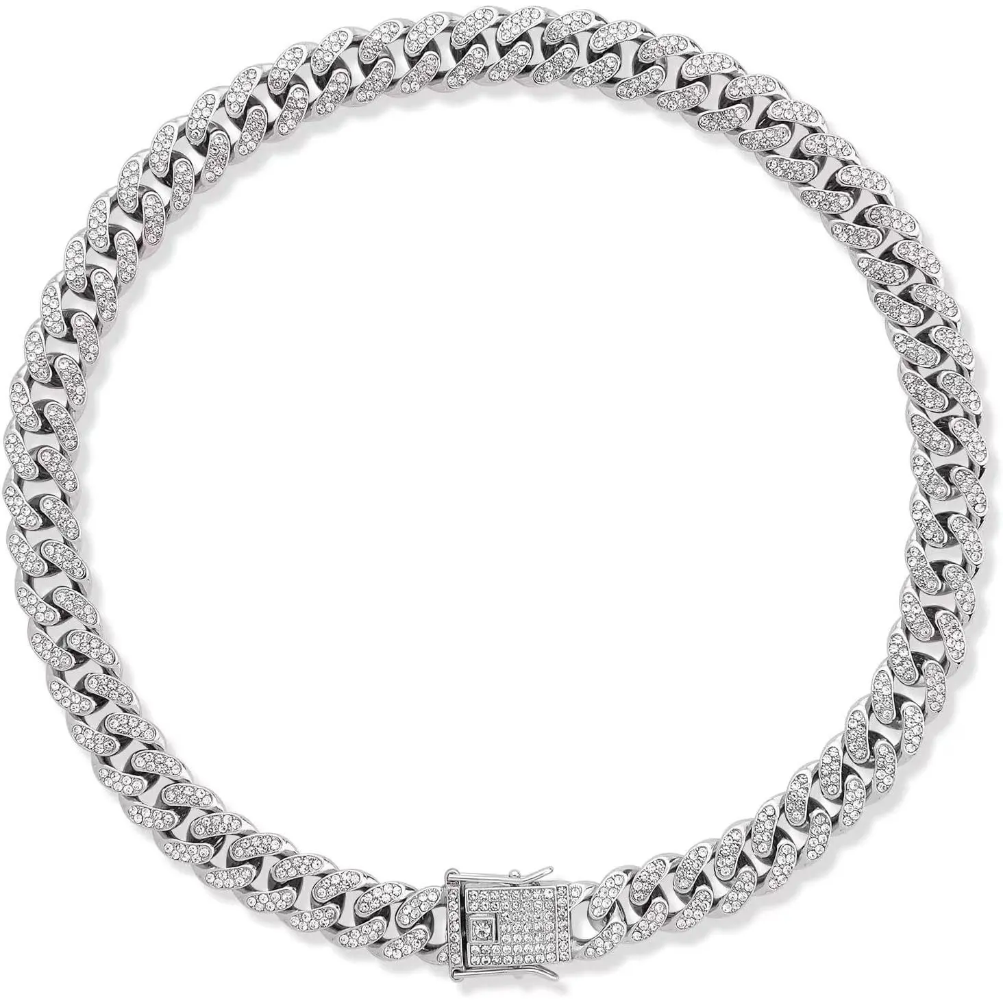 Silver-Plated Diamond Cuban Link Chain Dog Collar - Secure Buckle, Luxury Durable Neck Accessory for Small-Med-Large Dogs & Puppies