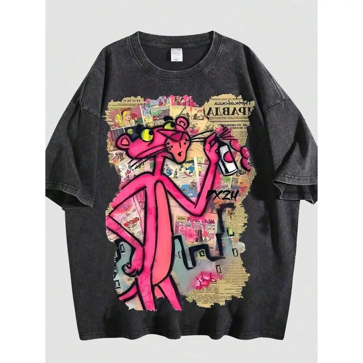 Pink Panther Poster Graffiti Print T-Shirt, Men Clothes, Couple's Fashionable Casual T-Shirt, Y2k Clothes, Funny T-Shirts, Streetwear, 230G Washed High-Quality Cotton Printed T-Shirt, Suitable For Daily Wear In Spring And Summer