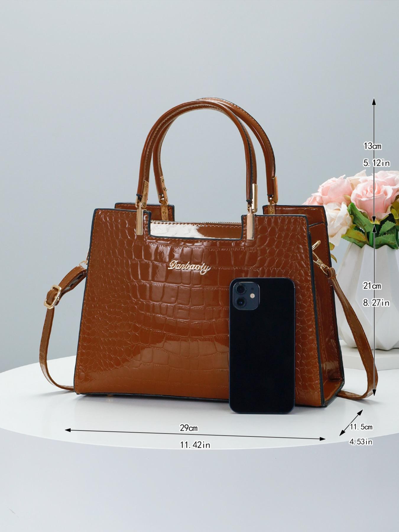 Women's PU Crocodile Embossed Square Handbag As Gift, Fashion Letter Label Classic Tote Bag for Work & Office, Elegant Matching Crossbody Bag As Gift for Wife