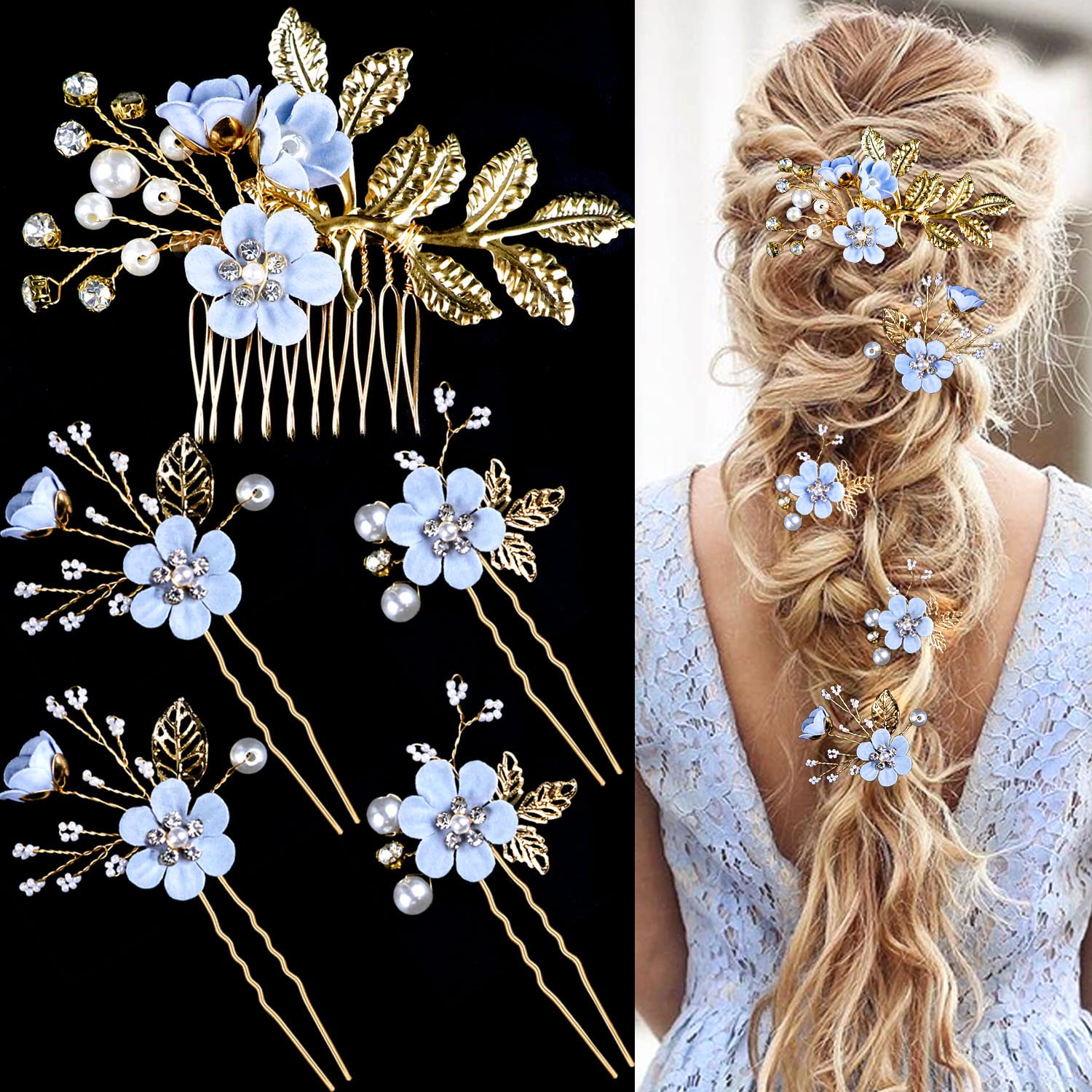 5Pcs Bridal Flower Wedding Hair Pins Crystal Pearl Hair  display picture 2