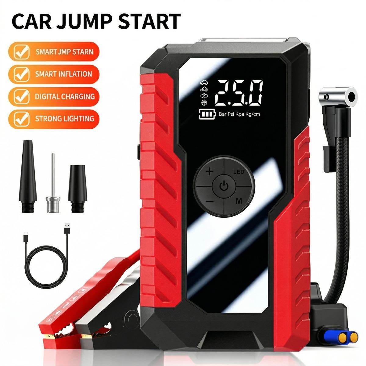 12V Portable Car Jump Starter with Tire Inflator, 2-in-1 Emergency Power Pack with Air Compressor, Power Bank & LED Light Kit Removal Set Tool