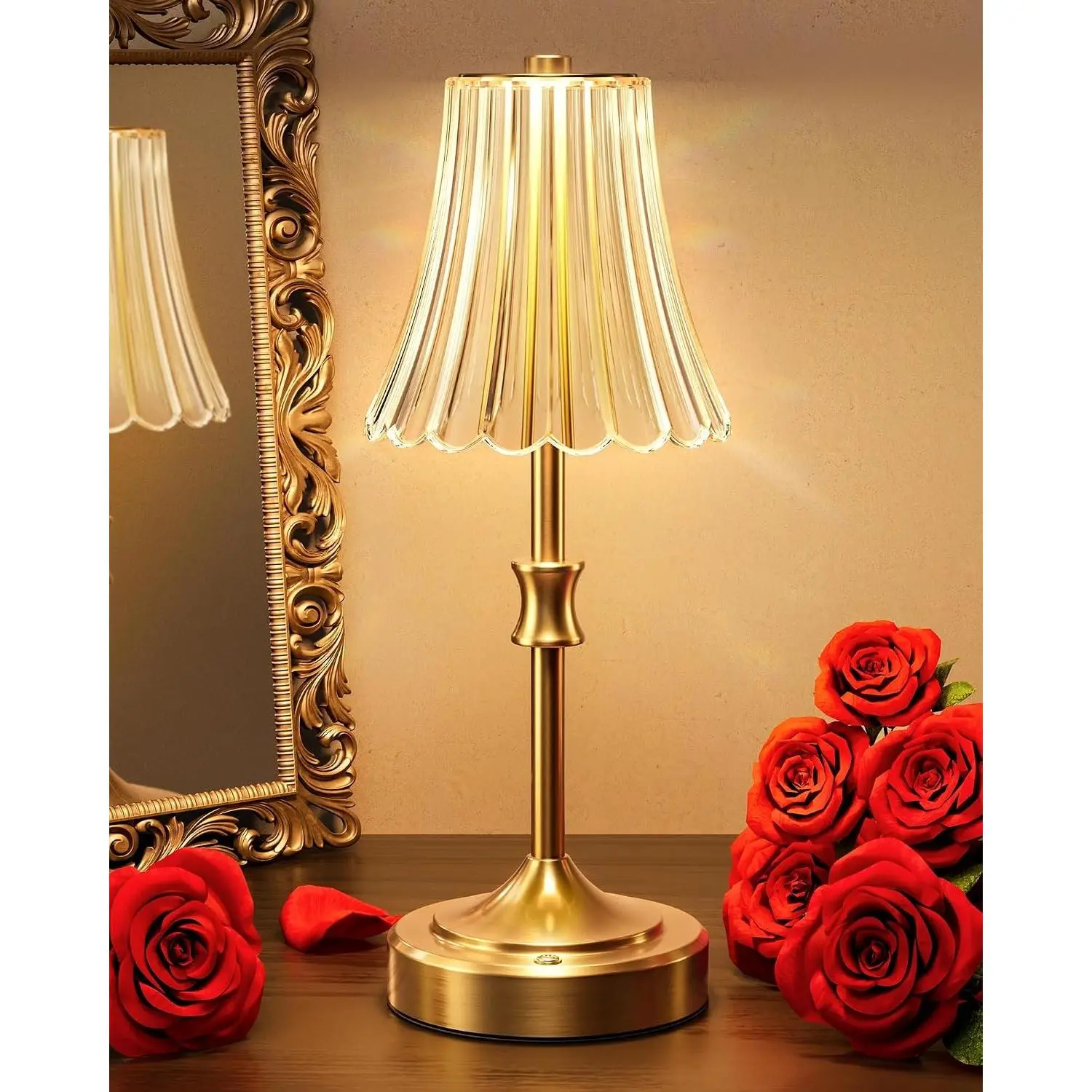 Vintage Cordless Table Lamp, Acrylic Crystal Flower Lamp Shade, 3 Colors Dimmable LED Golden Lamp, 5400mAh Battery Operated Rechargeable Lamp for Kitchen Counter Home Decor