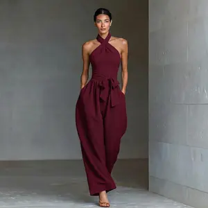 R4 New Arrival Women's Sleeveless Halter Tie Pure Color Long Pants with Pockets, Backless Halter Sexy Slim Jumpsuit, Summer Cross Strap Vest Wide Leg Pant, Tie Front High Waist Jumpsuit, Stylish Belted Waist Design, Fashionable Solid Color Jumpsuit