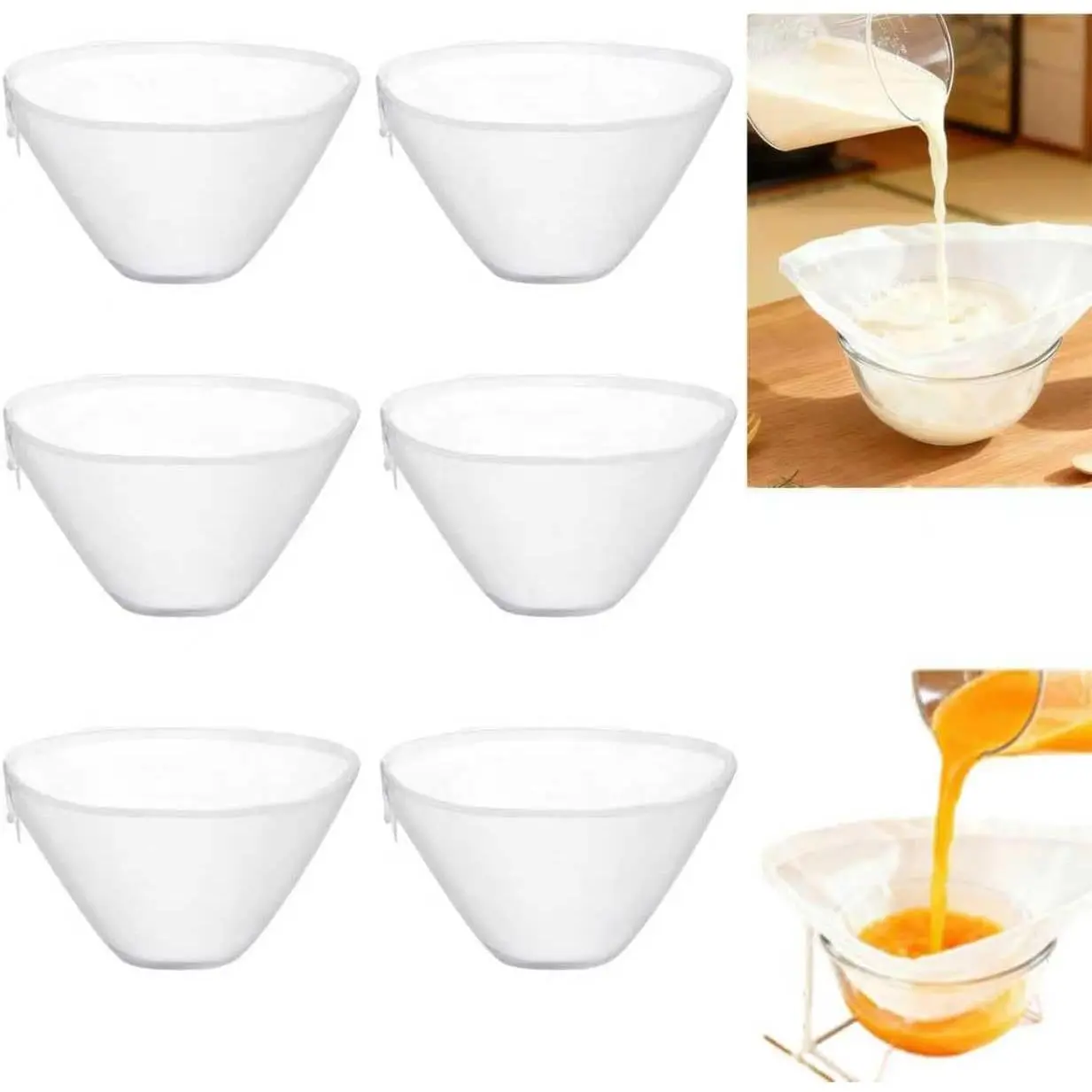 6 count Nut Milk Bag, Bowl-Shaped  Nylon Cheese Cloth Bags for Straining, Ultra-Fine Mesh  Filter Strainer for Almond Milk, Soy Milk, Juice, Cold Brew Coffee, Dumpling Fillings(S)