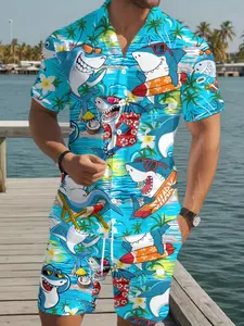 Funny Q-Version Shark Surfing Men's Shirt Set, Bright Blue Short Sleeve Shirt & Casual Five-Quarter Pants, Summer Pool Party