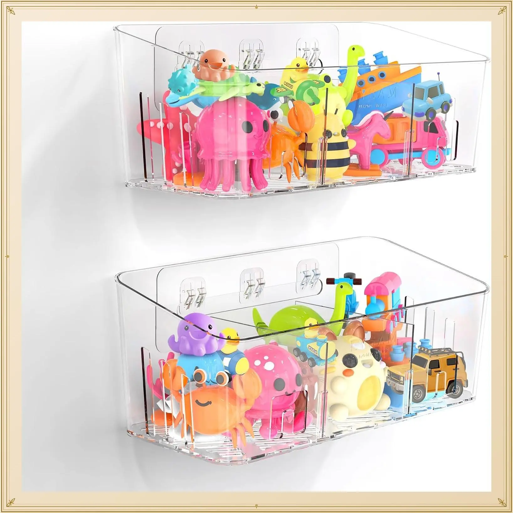 2-Pack Large Bath Toy Storage with 3 Quick-Dry Compartments, BPA-Free Wall-Mounted Adhesive Shower Caddy Organizer for Baby, Toddler, Kids - ClearGift