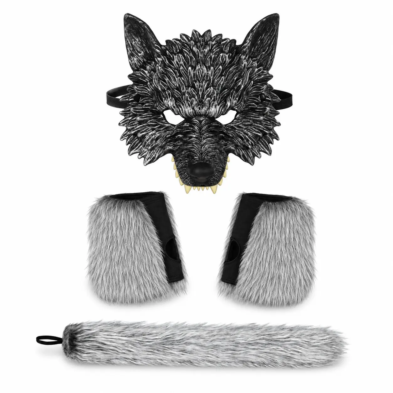 4-Piece Silver Werewolf Costume Set, 3D Wolf Head Half Mask, Fuzzy Claw Pads, Tail, Halloween Party Role Play Accessories