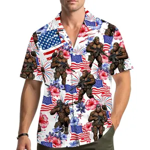 Tactical Sasquatch Hawaiian Shirt, Patriotic Button Up, Bigfoot with USA Flag Shirt, Men's Military Style Aloha