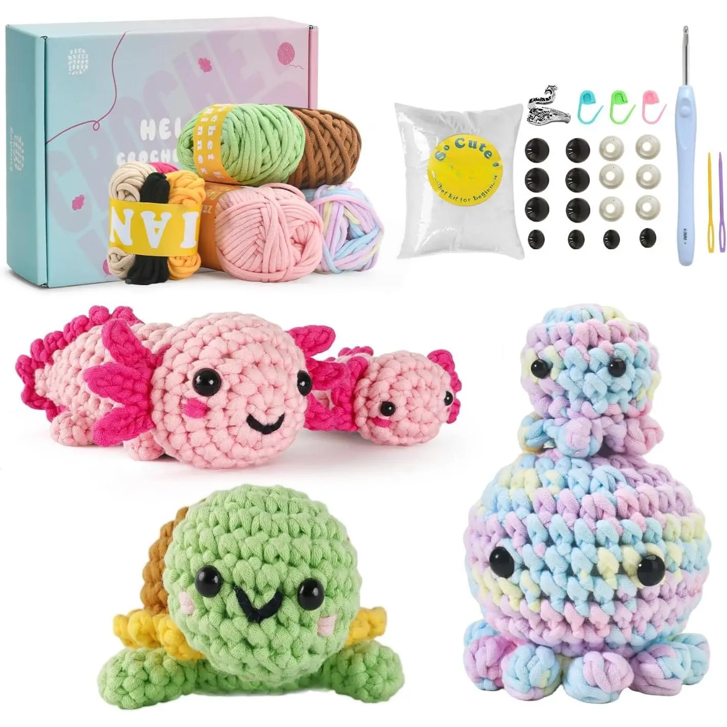 Crochet Kit for Beginners, 5 Pack Amigurumi Beginner Crochet Kits , Crochet Turtle Axolotl Octopus Crocheting Kit, Easy Knitting Kit for Beginners with Step-by-Step Video Craft Kits for Adults