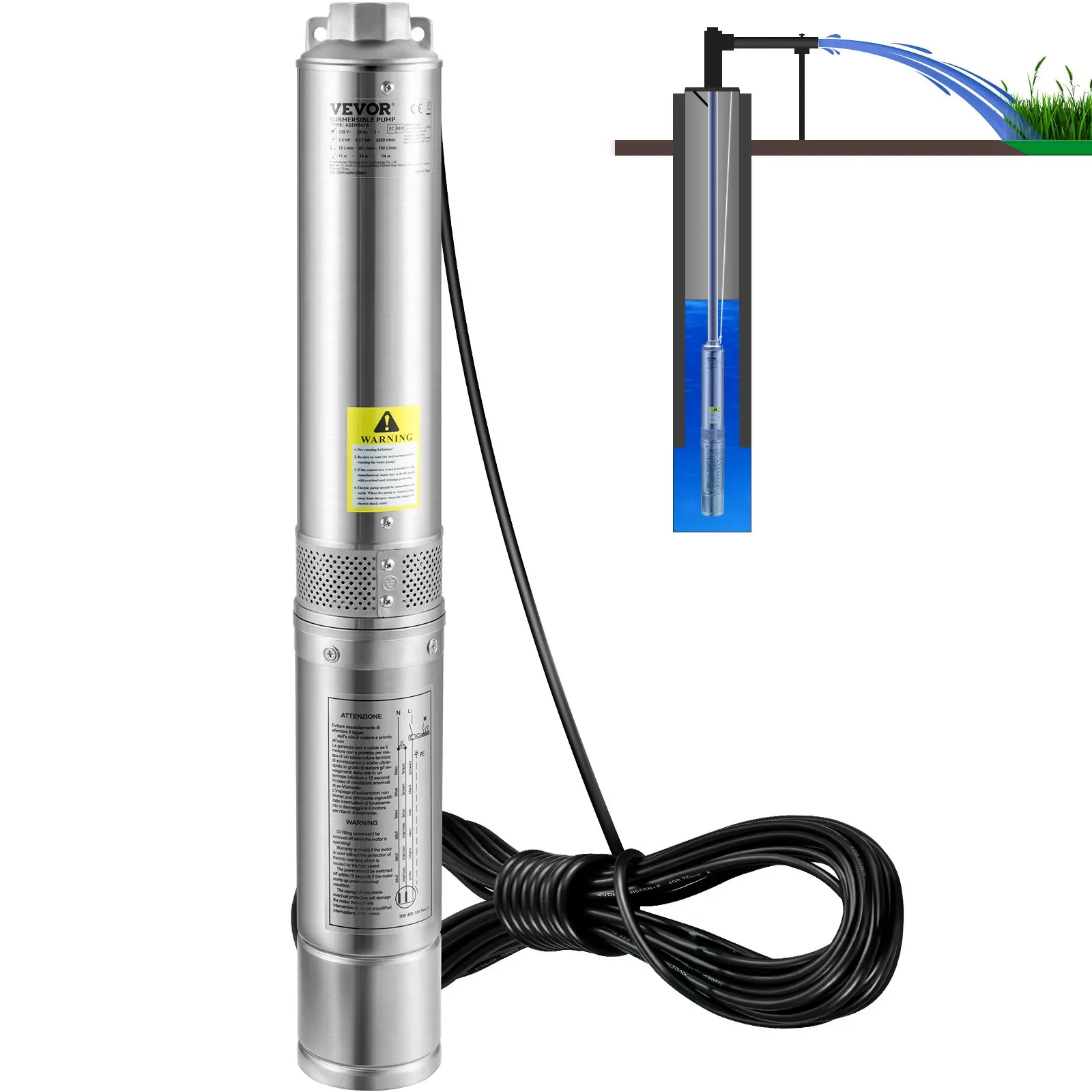 Deep Well Submersible Pump, 3HP/2200W 230V/60Hz, 37GPM Flow 640 ft Head, with 33 ft Electric Cord, 4 inch Stainless Steel Water Pumps for Industrial, Irrigation Home Use, IP68 Waterproof Grade