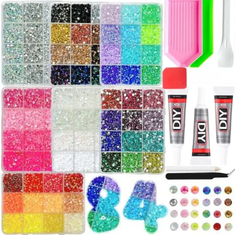 84-Piece Multicolor Crystal Nail Art Rhinestones Set, Includes Tools, Perfect for DIY Crafts, Clothing, Shoes, Fabric, Nail Art Decorations，Nail Art Rhinestones / Flatback Crystals / Multi-Color / Pickup Tool
