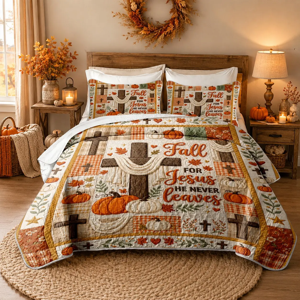 3Pcs Christian Fall Cross Pumpkin Print Quilted Bedspread Set, Autumn Religious Farmhouse Coverlet with 1 Bedspread & 2 Pillow Shams, Lightweight Soft Breathable Fade Resistant Bedding, All Season, Queen/King Size, Thanksgiving Bedroom Decor, Bed Sets