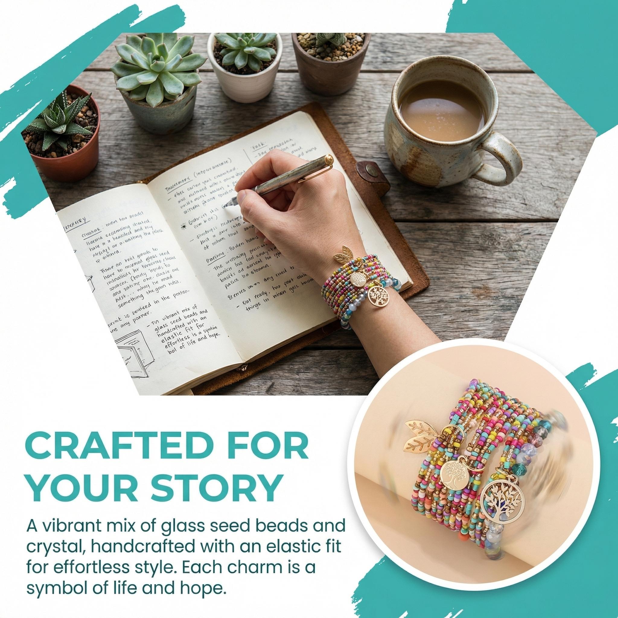 3pcs/set Bohemian Beaded Bracelet for Women, Handmade Elastic Stretch Bracelets with Tree Leaf Pendant, Colorful Rice Beads & Crystal Flat Beads for Summer Beach